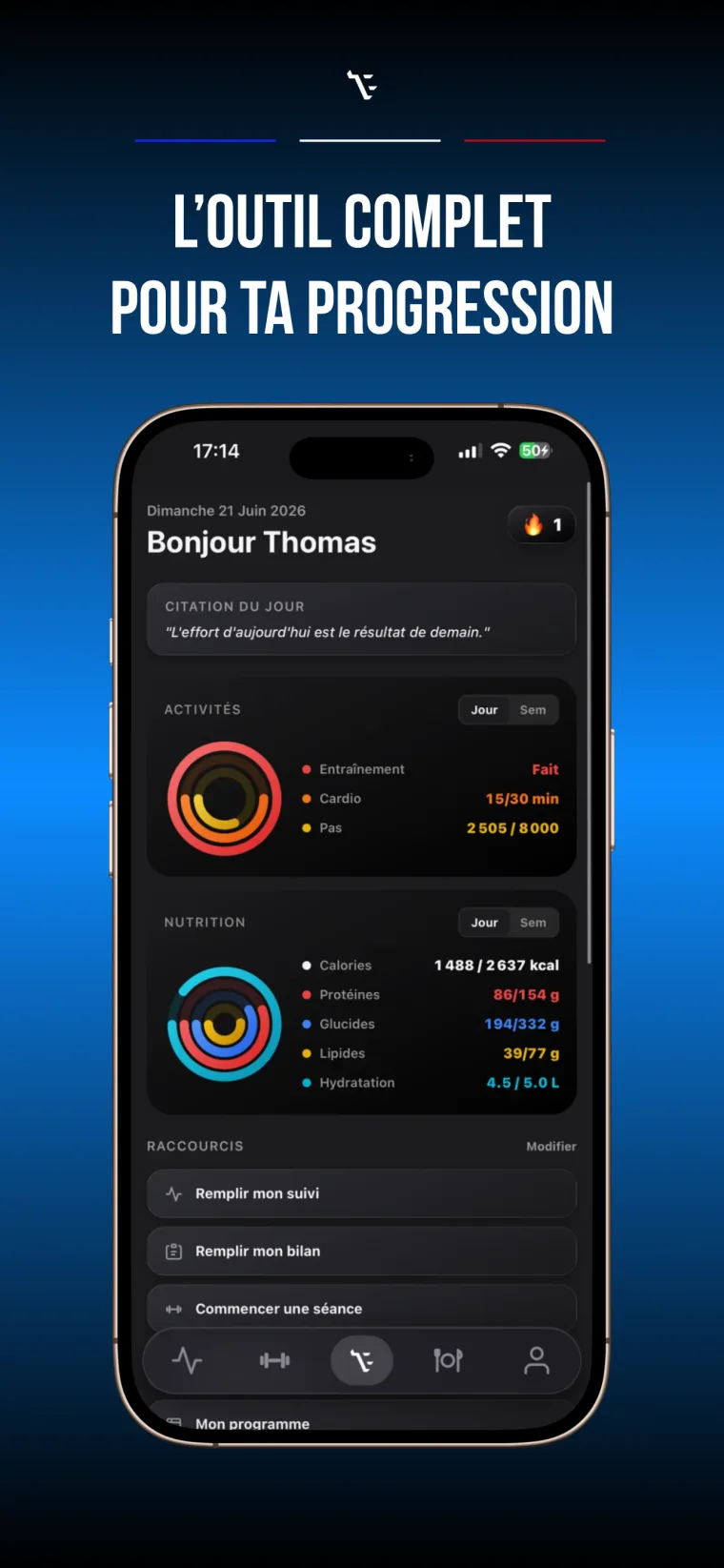 Tableau de bord FitBrothers : activités, nutrition et raccourcis du jour